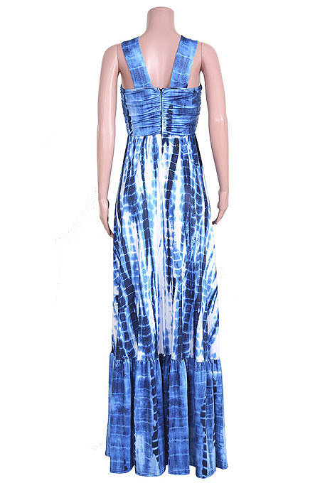 Blue High Waist Gallus Printing Long Dress JZH8038
