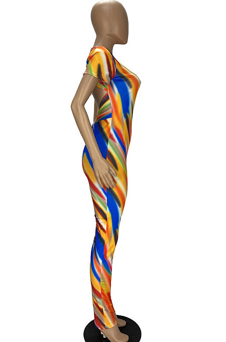 Color Printing Back Hollow Out Sexy Bodycon Jumpsuits YT3267