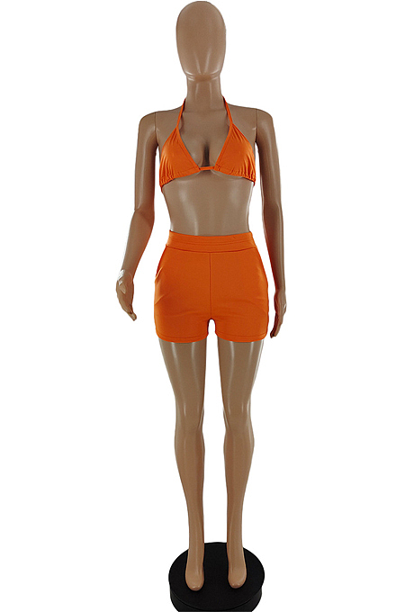 Fashion Pure Color Hang A Neck Bikini Two-Piece SQ941