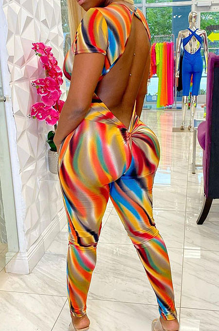 Color Printing Back Hollow Out Sexy Bodycon Jumpsuits YT3267