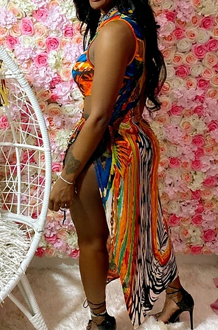 Personality Sleeveless Cultivate One's Morality Broadside Open Fork Positioning Print Dresses LS6418