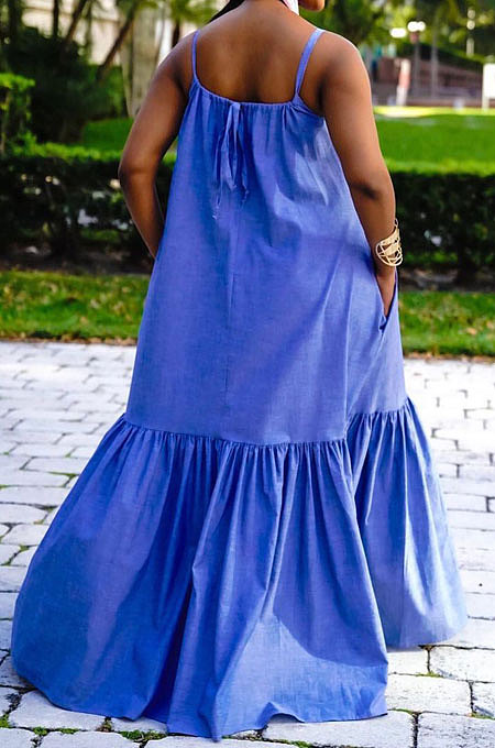 Gallus Sleeveless Loose Waist Blue Pocket Temperament Commuting Long Dress JZH8037