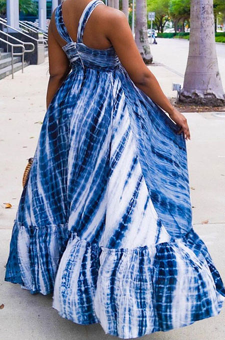 Blue High Waist Gallus Printing Long Dress JZH8038