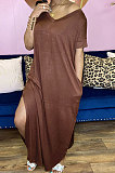 Trendy Women Pure Color Double Pocket V Neck Open Fork Loose Long Dress HR8168