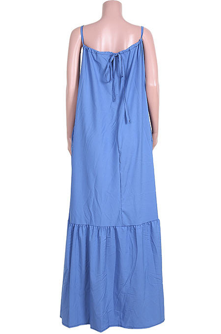 Gallus Sleeveless Loose Waist Blue Pocket Temperament Commuting Long Dress JZH8037