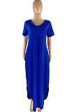 Trendy Women Pure Color Double Pocket V Neck Open Fork Loose Long Dress HR8168
