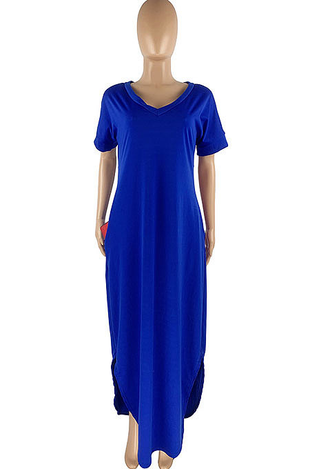 Trendy Women Pure Color Double Pocket V Neck Open Fork Loose Long Dress HR8168