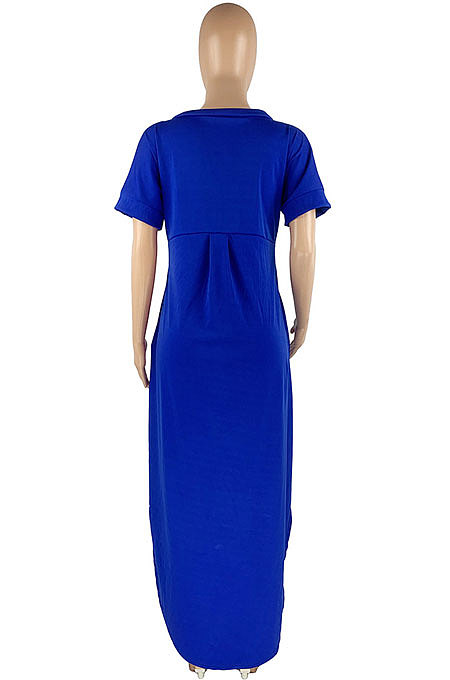 Trendy Women Pure Color Double Pocket V Neck Open Fork Loose Long Dress HR8168