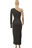 Asymmetric Inclined Shoulder Pure Color Sexy Hole Hole Dresses QQ5237
