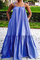Gallus Sleeveless Loose Waist Blue Pocket Temperament Commuting Long Dress JZH8037