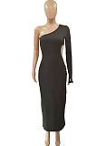 Asymmetric Inclined Shoulder Pure Color Sexy Hole Hole Dresses QQ5237