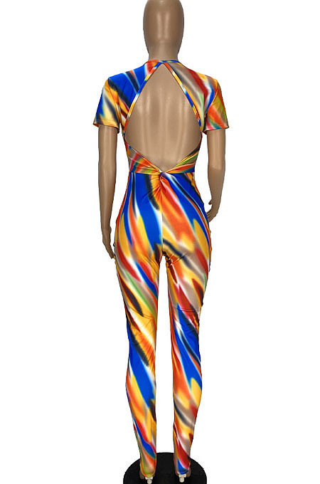 Color Printing Back Hollow Out Sexy Bodycon Jumpsuits YT3267