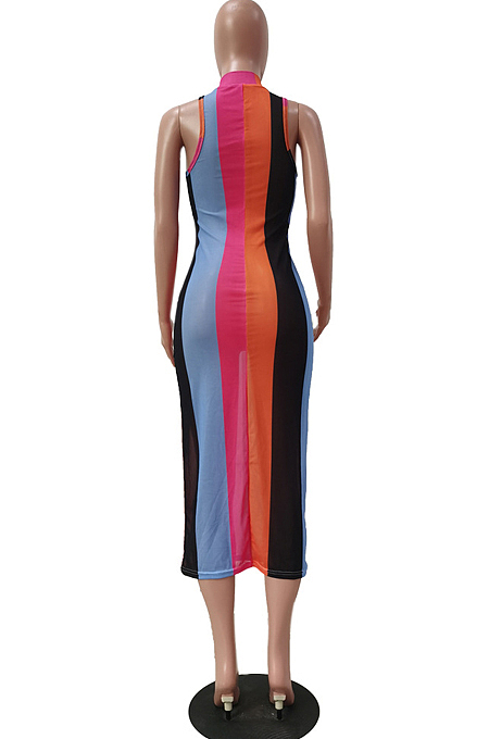 Perspective Net Yarny Print Stripe Sleeveless Dress TRS1120