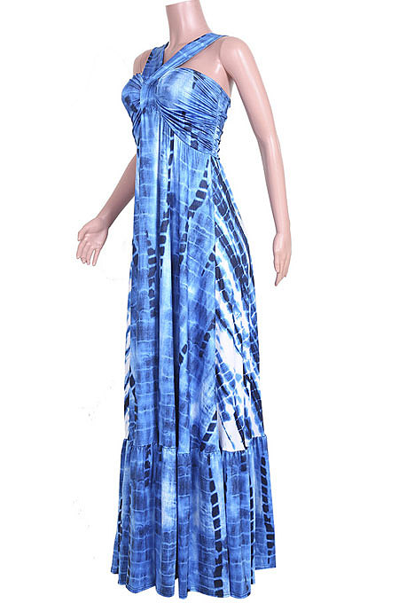 Blue High Waist Gallus Printing Long Dress JZH8038