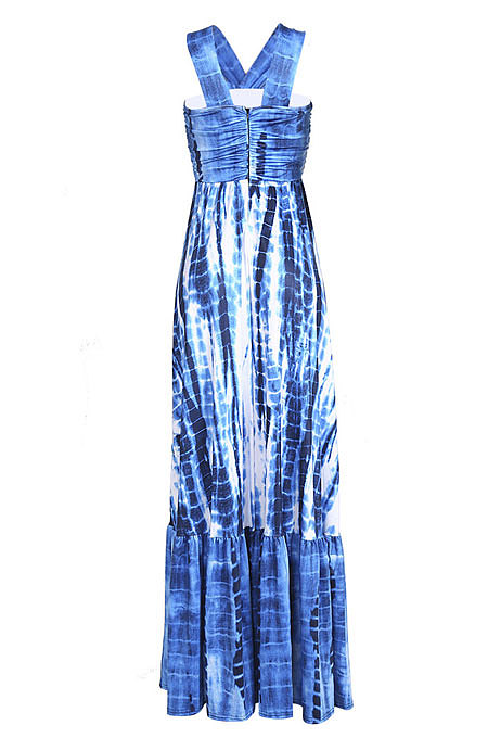 Blue High Waist Gallus Printing Long Dress JZH8038