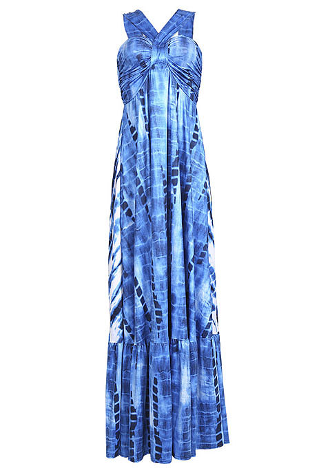 Blue High Waist Gallus Printing Long Dress JZH8038