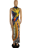 Personality Sleeveless Cultivate One's Morality Broadside Open Fork Positioning Print Dresses LS6418