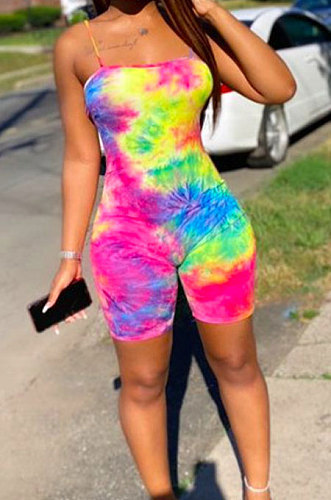 Sleeveless Colorful Tie Dye Halter Neck At Home Vest Gallus  Romper Shorts FM6203