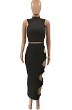 Fashion Asymetric Sleeveless Pure Color Sexy Hole Hole Dress Two-Piece QQ5240
