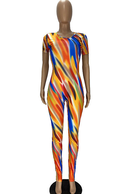 Color Printing Back Hollow Out Sexy Bodycon Jumpsuits YT3267