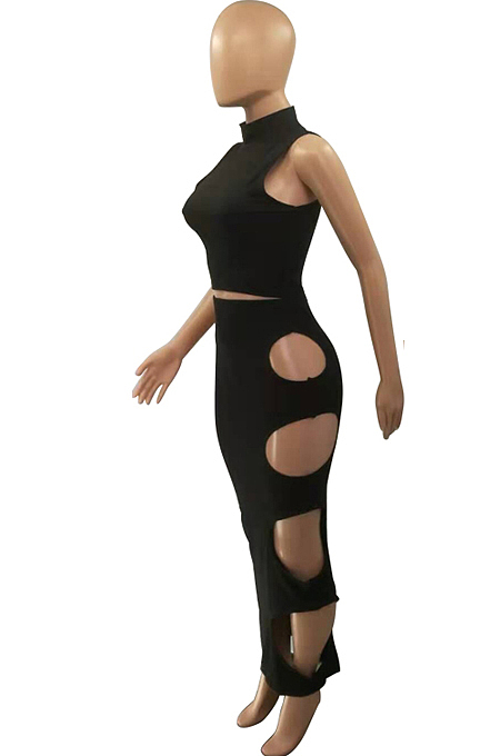 Fashion Asymetric Sleeveless Pure Color Sexy Hole Hole Dress Two-Piece QQ5240