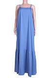 Gallus Sleeveless Loose Waist Blue Pocket Temperament Commuting Long Dress JZH8037