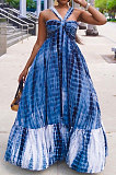 Blue High Waist Gallus Printing Long Dress JZH8038