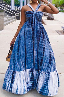 Blue High Waist Gallus Printing Long Dress JZH8038