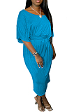 Fashion Pure Color Loose Casual Dresses Contain The Belt W8371