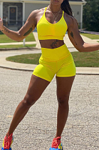 Women Fashion Pure Color Sport Yoga Sling Shorts Two-Piece W8377