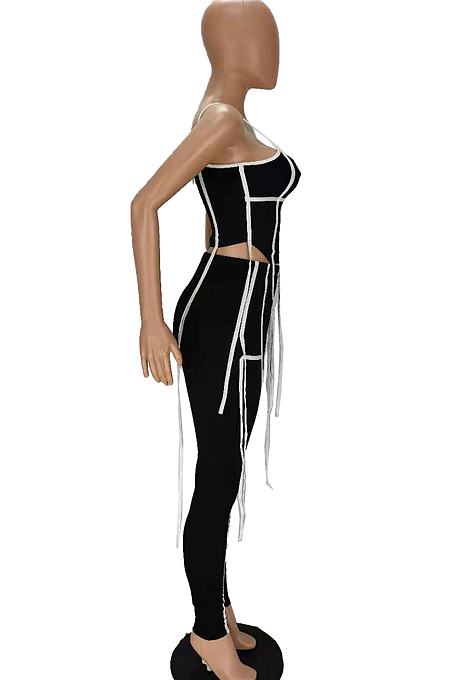 Contrast Color Ribbon Tassel Zipper Sling Suit MN8343