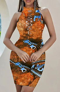Fashion Print Imitation Cowboy On The Chest Broadside Hollow Out Dresses SXS6038