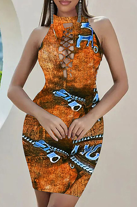 Fashion Print Imitation Cowboy On The Chest Broadside Hollow Out Dresses SXS6038