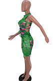 Fashion Print Imitation Cowboy On The Chest Broadside Hollow Out Dresses SXS6038