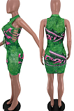 Fashion Print Imitation Cowboy On The Chest Broadside Hollow Out Dresses SXS6038