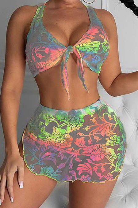 Fashion Casual Women Sexy Net Yarn Printing Skirts Sets MDF5229