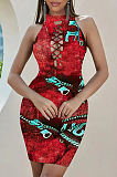 Fashion Print Imitation Cowboy On The Chest Broadside Hollow Out Dresses SXS6038