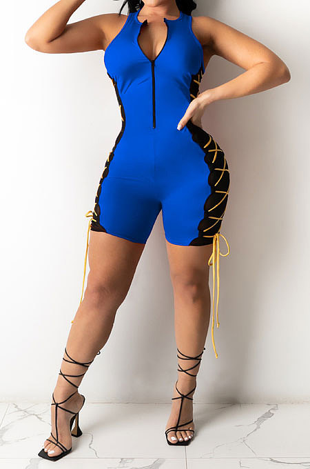 Fashion Cultivate One‘s Morality Side Bind Lashing Net Yarn Spliced Sleeveless Romper Shorts ML7435