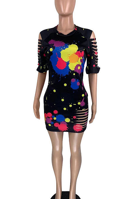 Sexy Printing Inkjet Hollow Out Mini Dress KKY8013