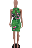 Fashion Print Imitation Cowboy On The Chest Broadside Hollow Out Dresses SXS6038