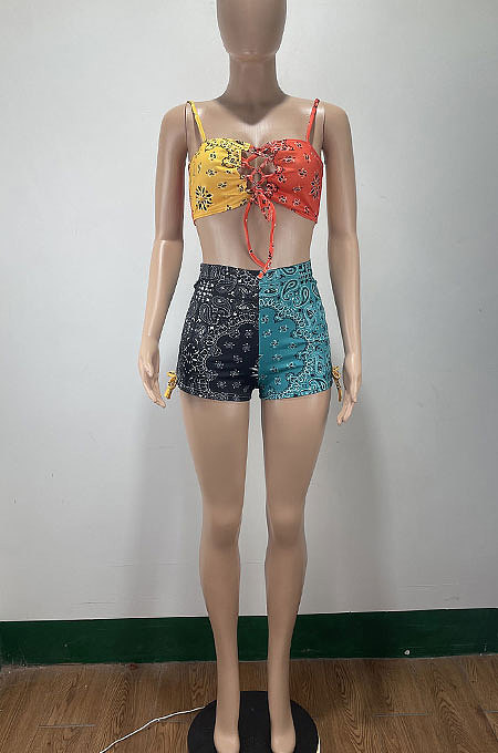 Sexy Vest Printing Bind Shorts Sets  AMM8335