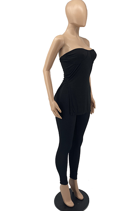 Pure Color Pit Bar Stretch Tight Boob Tube Top Long Pant Two-Piece YYF8207