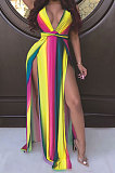 Dew Shoulder Open Fork V Neck Sexy Rainbow Printing Stripe Long Dress AMM8165