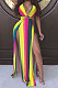 Dew Shoulder Open Fork V Neck Sexy Rainbow Printing Stripe Long Dress AMM8165