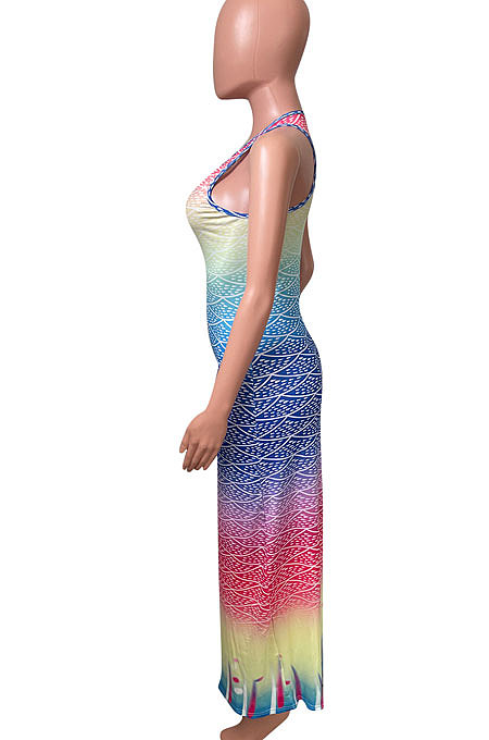 Fish Scales Gradual Change Positioning Printing Sleeveless Long Dress NK229