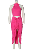 Summer Pure Color Round Neck Midriff Backless Top Drawsting Overskirt Suit ZS0383