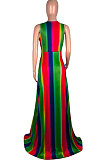 Dew Shoulder Open Fork V Neck Sexy Rainbow Printing Stripe Long Dress AMM8165