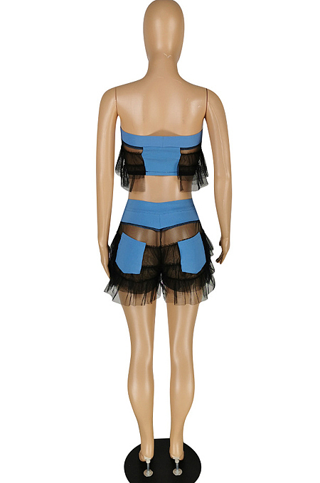 Women High Elastic Copy Cowboy Boob Tube Top Spliced Net Yarn Two-Piece YYZ535