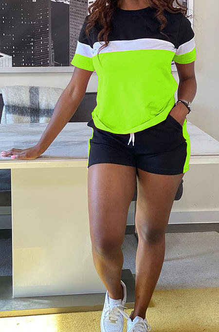Fashion Casual Spliced Shorts Short Sleeves Pure Color Sets ML7429