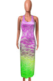 Moire Gradual Change Positioning Printing Sleeveless Long Dress NK230